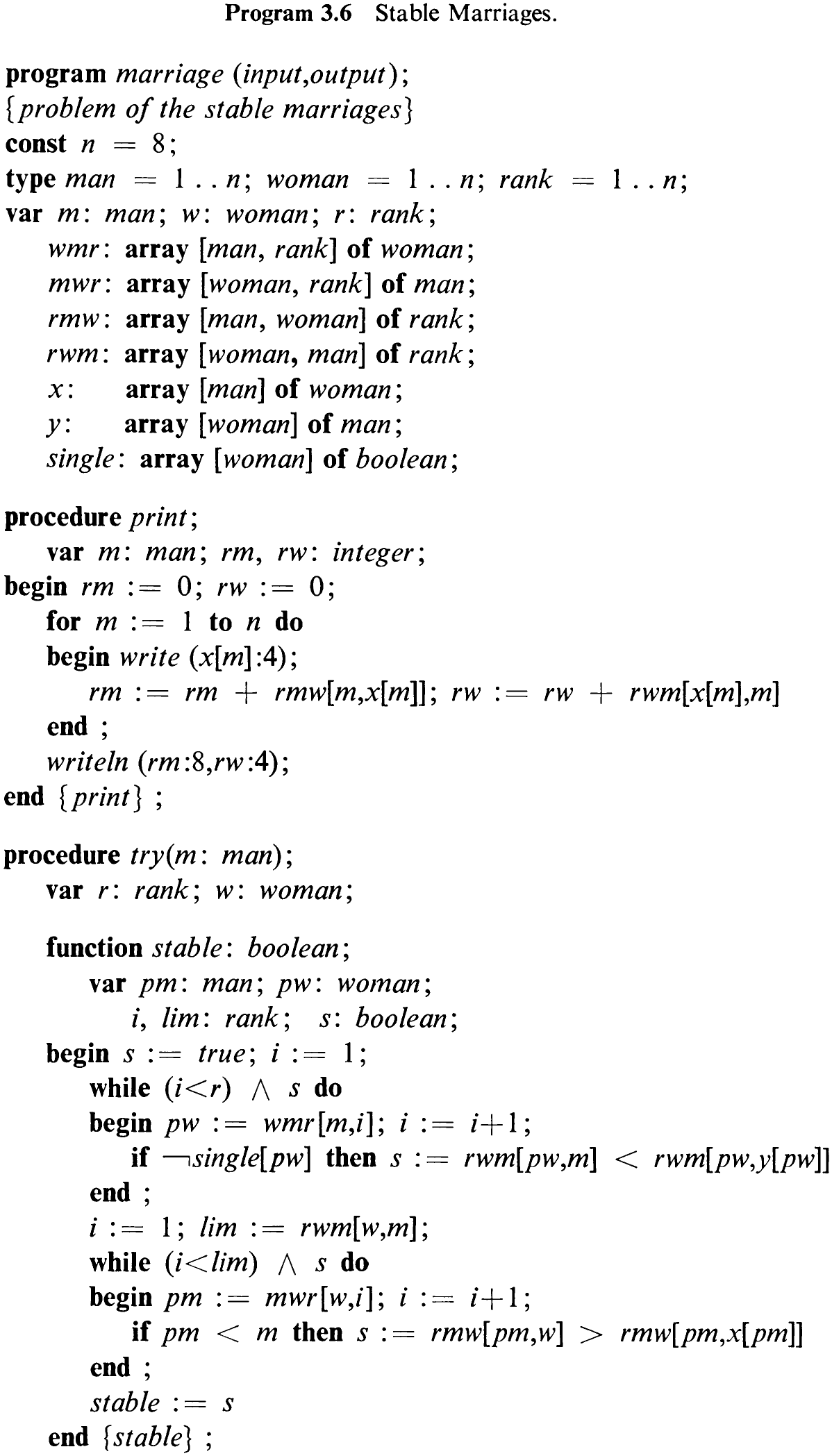 Program 3.6 Stable Marriages.