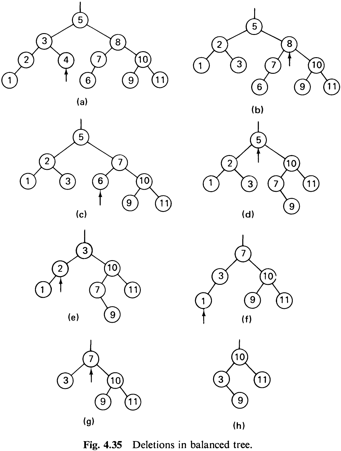 Fig. 4.35 Deletions in balanced tree.
