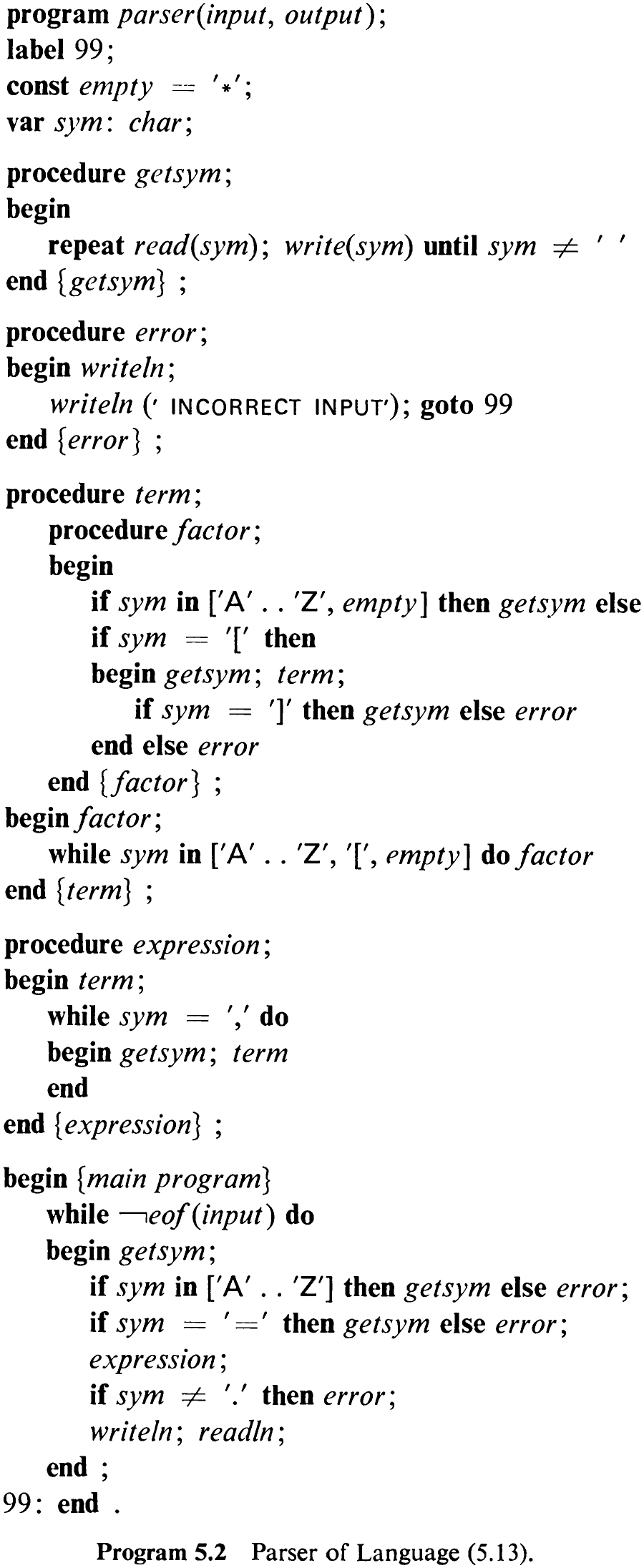 Program 5.2. Parser of Language (5.13).